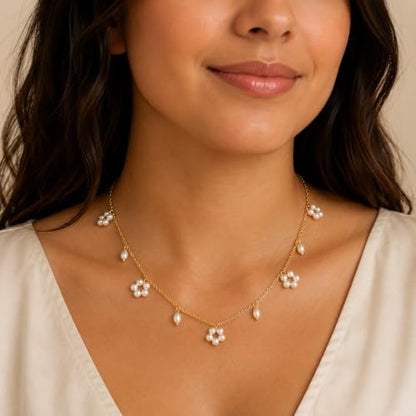 Pearl Necklaces for Women Trendy, Dainty Beaded Choker Necklace, 14K Gold Plated Station Chain, Simple Layering Wedding Prom Jewelry Gift - color: Gold Flower Pearl-1