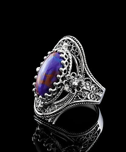 Filigranist 925 Sterling Silver Handcrafted Filigree Art Flower Pattern Woman Oval Statement Ring, Gift Boxed - color: Mojave Turquoise