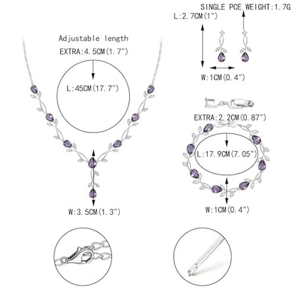EVER FAITH Cubic Zirconia Pearl Leaf Bridal Jewelry Set for Bride Women | White Wedding Prom Necklace Dangle Earrings Bracelet, for Bridesmaid - color: CZ_Purple Silver-Plated-Brass
