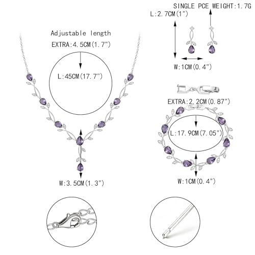 EVER FAITH Cubic Zirconia Pearl Leaf Bridal Jewelry Set for Bride Women | White Wedding Prom Necklace Dangle Earrings Bracelet, for Bridesmaid - color: CZ_Purple Silver-Plated-Brass