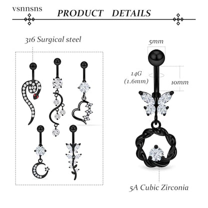 Vsnnsns 14G Dangle Belly Button Ring Piercing Jewelry 316L Stainless Surgical Steel Snake Heart Butterfly Flower Diamond CZ Navel Rings Dangling Belly Button Ring Piercing Jewelry for Women 14 Gauge - color: Black Tone