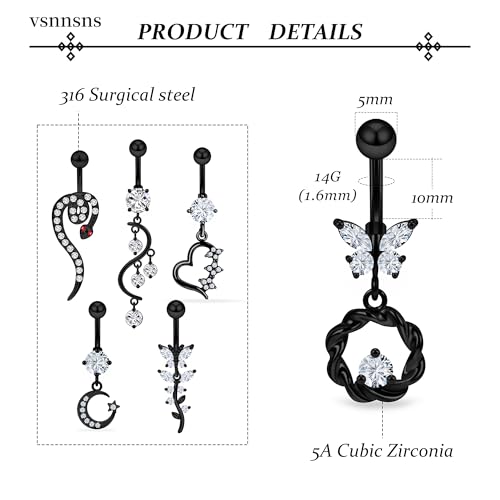 Vsnnsns 14G Dangle Belly Button Ring Piercing Jewelry 316L Stainless Surgical Steel Snake Heart Butterfly Flower Diamond CZ Navel Rings Dangling Belly Button Ring Piercing Jewelry for Women 14 Gauge - color: Black Tone