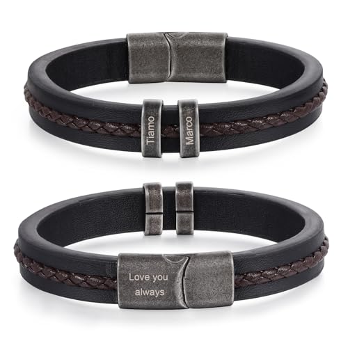 Personalized Bracelet for Men, Engraved Name Bead Braided Leather Bracelet for Dad Husband Grandpa Son, Custom Stainless Steel Men's Bracelet - color: 2 names