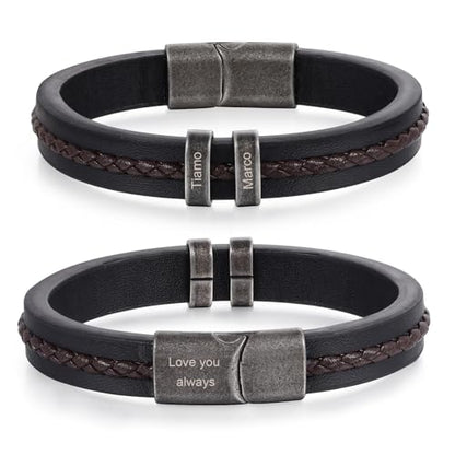 Personalized Bracelet for Men, Engraved Name Bead Braided Leather Bracelet for Dad Husband Grandpa Son, Custom Stainless Steel Men's Bracelet - color: 2 names