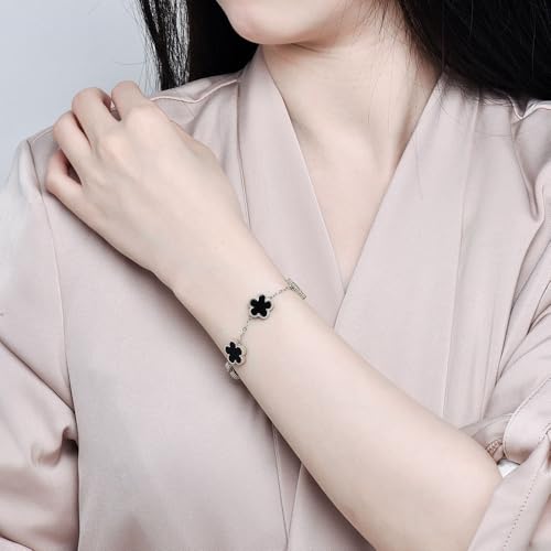 FLY FEI 18K Gold-Plated Four Leaf Clover Bracelet for Women,Adjustable lucky Bracelet Set Jewelry Gift-Hypoallergenic Charm for Birthdays, Wellness & Daily Wear - color: style02-Black(silvery)