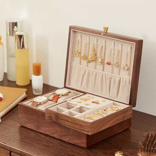 CHOSIN Walnut Wood Jewelry Box with Removable Tray, Vertical Necklace Hooks | 2 Layers Black Walnut Jewelry Organizer, For Watches Rings Earrings Necklace Bracelets, Velvet Interior, Gift for Her - style: 2 Layer B