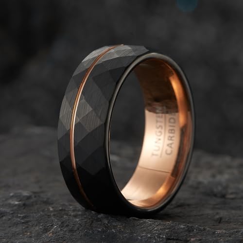 Men's Geometric Faceted Split Band – 8mm Wide Black Tungsten Wedding Ring with Rose Gold Accent (US Sizing)