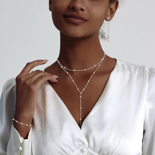 HERIER Lariat Gold Necklace for Women, Dainty Long Necklace 14k Gold Plated/Silver Y-Shaped Layered Beaded Chain Drop Necklaces for Women Trendy Simple Gold Jewelry for Women Gifts - color: Y Layered Pearl Jewelry-Silver