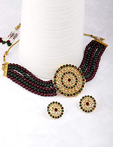Aheli Pearl Diamond Choker Necklace & Round Earrings Gift for Women Indian Traditional Bollywood Fashion Bharatanatyam jewellery set - color: Green & Red