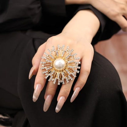 Elegant Big Crystal Ring for Women Gold Stacking Pearl Rhinestone Flower Rings Open Finger Adjustable Crystal Statement Ring Jewelry for Bridal Wedding - color: Crystal 5