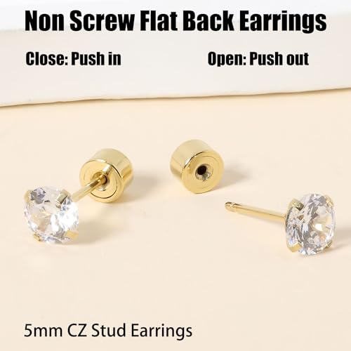 Threadless Flat Back Earrings, Hypoallergenic 14K Real Gold Plated CZ Stud Earrings | Cartilage Earring | Tragus Helix Piercing Jewelry | Push in Flatback Earrings for Women Men - color: 14K Gold, size: 5 Millimeters
