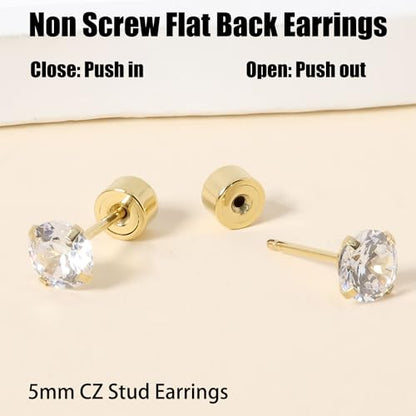 Threadless Flat Back Earrings, Hypoallergenic 14K Real Gold Plated CZ Stud Earrings | Cartilage Earring | Tragus Helix Piercing Jewelry | Push in Flatback Earrings for Women Men - color: 14K Gold, size: 5 Millimeters