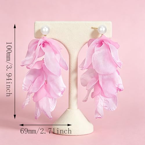 Handmade Bohemian Lightweight Fabric Flower Dangle Drop Earrings Chic Pearl Large Tassel Petal Stud Earrings For Women - color: Light Pink