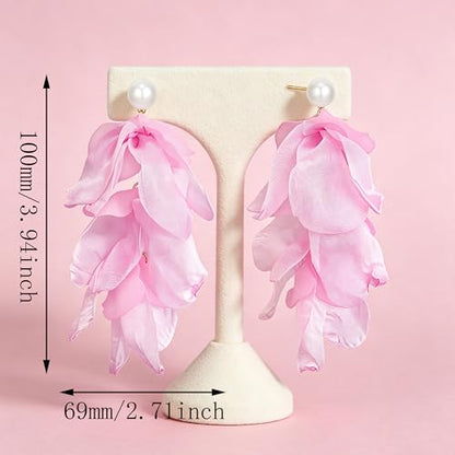 Handmade Bohemian Lightweight Fabric Flower Dangle Drop Earrings Chic Pearl Large Tassel Petal Stud Earrings For Women - color: Light Pink