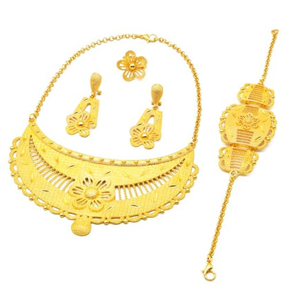 indian Women Jewelry Necklace Set african Dubai Bride Wedding Prom Fashion Jewelry 24K Gold Plated Necklace Bangles Rings Earrings - color: S-346