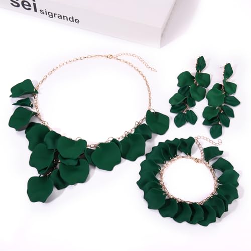 MOLOCH Flower Jewelry Sets for Women Rose Flower Petal Necklace Earrings Bracelets Set Layered Statement Accessories Summer Beach Party Jewelry Gifts - color: Green
