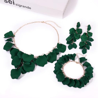 MOLOCH Flower Jewelry Sets for Women Rose Flower Petal Necklace Earrings Bracelets Set Layered Statement Accessories Summer Beach Party Jewelry Gifts - color: Green