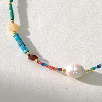 KissYan Beaded Choker Necklace for Women, Colorful Natural Gemstones Pearl Choker 14K Gold Plated Pendant Healing Crystal Necklace Handmade Stone Jewelry Gift | 14K Gold Plated Pendant Necklaces, Natural Gemstones Pearl Choker, Healing Crystal Chain, Hand