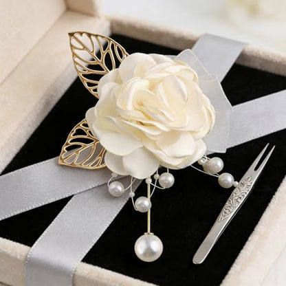 Handmade Elegant Red Rose Flower Brooch Pin for Women Crystal Pearl Fabric Flower Lapel Pin Dress Suit Accessories - color: White B