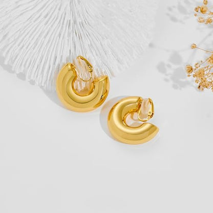 WOWORAMA Chunky Gold Hoop Clip On Earrings for Women | Large Chunky Hoops Clips Earrings, Polished Gold-Plated Clip-On Hoops, Statement Non Pierced Jewelry - color: 30mm Chunky Hoops