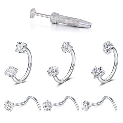 18G 20G Horseshoe Nose Rings Studs with Taper and Grabber | Surgical Steel Nose Ring Pink Cubic Zirconia Nose Piercing,Internally Threaded Nose Rings For Women,Colorful Zirconia - color: Silver-6Pcs Silver