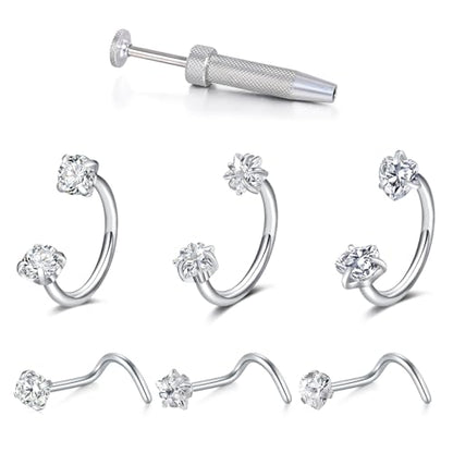 18G 20G Horseshoe Nose Rings Studs with Taper and Grabber | Surgical Steel Nose Ring Pink Cubic Zirconia Nose Piercing,Internally Threaded Nose Rings For Women,Colorful Zirconia - color: Silver-6Pcs Silver