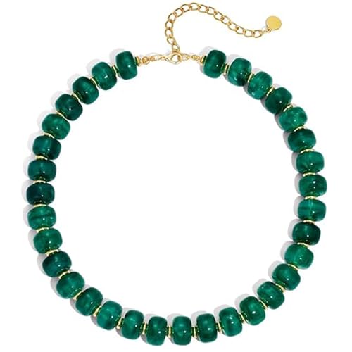 Chunky Beaded Necklace for Women, Colorful Boho Statement Necklace, Gold Chunky Resin Large Bead Necklace, Waterproof Summer Beach Jewelry Gifts for Women - color: Dark Green