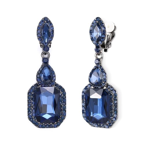 Women's Wedding Bridal Crystal Emerald Cut Infinity Figure 8 Chandelier Clip-On Dangle Earrings - color: Navy Blue Black-Tone