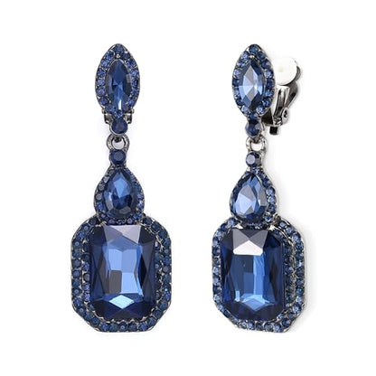 Women's Wedding Bridal Crystal Emerald Cut Infinity Figure 8 Chandelier Clip-On Dangle Earrings - color: Navy Blue Black-Tone