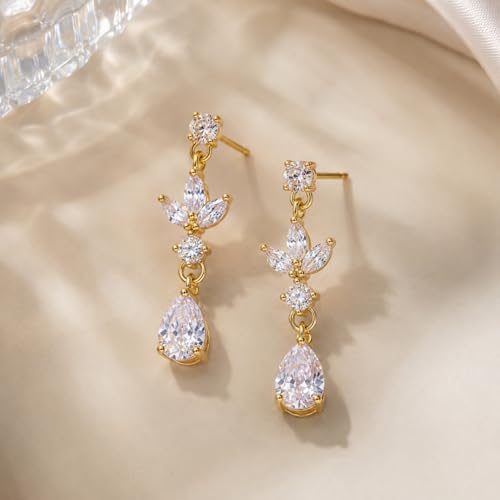 Sonateomber Gold Silver Pearl Rhinestone Dangle Earrings for Women, Elegant CZ Leaf Butterfly Bridal Earings Prom Wedding Fashion Jewelry Gift - color: Gold CZ