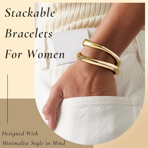 Gold Bangle Bracelets for Women Cuff Stackable Waterproof Non Tarnish Bracelet Stack Silver Plated 14k Chunky Bangles Jewelry Set for Woman - style: Style 14