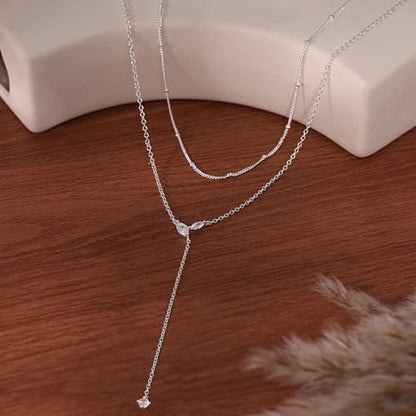 Gold Necklace for Women - Dainty Long Lariat Necklace 14K Gold Plated Clover Star Teardrop CZ Y Shaped Drop Necklaces Cute Long Necklaces for Women Trendy Prom Formal Womens Jewelry - color: Silver-Layered PJ Drop