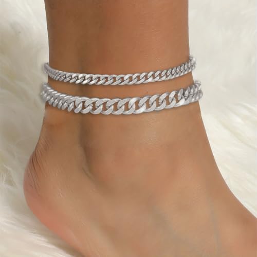 Silver Ankle Bracelets for Women Waterproof Stainless Steel Anklet Adjustable Layered Cuban Silver Anklets Set Summer Beach Foot Jewelry Gift - color: Cuban silver