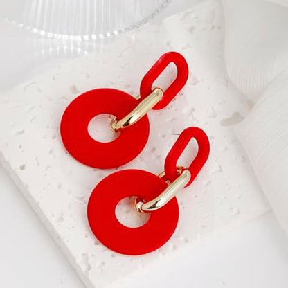 RUOFFETA Acrylic Rectangle Earrings, Fashion Acrylic Square/Oval/Hoop Statement Drop Earrings for Women - color: Red Round