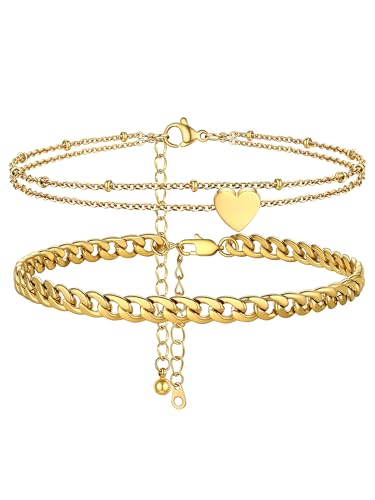 PROSTEEL Trendy Handcuffs Design/Customize Words Ankle Bracelet For Women, 316L Stainless Steel Anklets Silver/Gold/Black Tone, Hypoallergenic, Come with Box - style: 05.2 Layered-Cuban&Heart-Gold
