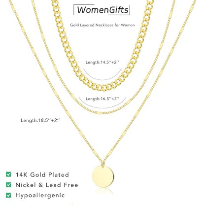 WomenGifts Layered Gold Necklaces for Women, 14K Gold Sterling Silver Plated Dainty Pendant Necklace Set Non Tarnish, Chunky Stackable Cuban Chain Choker, Trendy Birthstone Vacation Jewelry Gift - color: Gold, style: Mirror Coin
