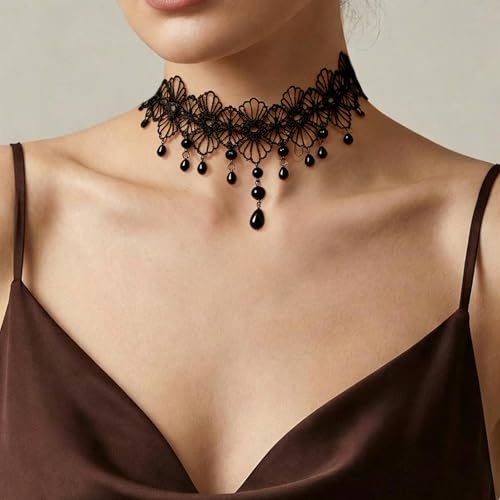 Black Necklaces for Women,Adjustable Layered Collar,Goth Jewelry - color: Flower Pendant