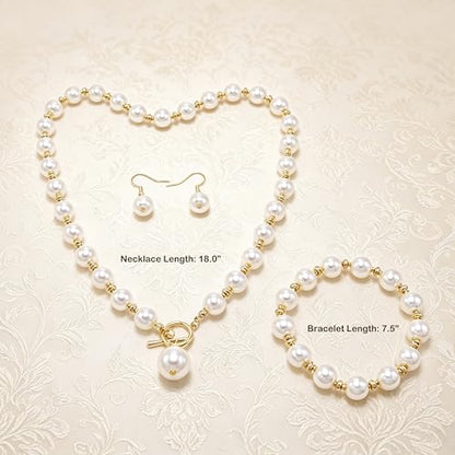 Cryshimmer Pearl Choker Necklace for Women Faux Pearl Beads Strand Necklace Earring Set Costume Jewelry,Gift for Wife Mother - color: Elegant Set