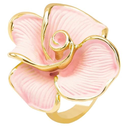 Kokoma Elegant Pink Enamel Rose Flower Ring for Women, Adjustable Open Band Floral Statement Wedding Promise Band Ring Fashion Jewelry