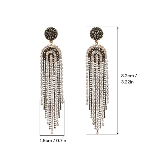 Fringe Dangling Tassel Earrings for Women, Handcrafted Chandelier Long Bohemian Beaded Cubic Zirconia Crystal Imitation Pearls Inlay Statement Boho Chain Hook Earrings for Wedding Party - color: White Black Fringe