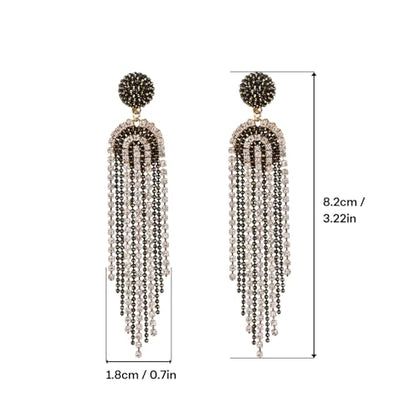 Fringe Dangling Tassel Earrings for Women, Handcrafted Chandelier Long Bohemian Beaded Cubic Zirconia Crystal Imitation Pearls Inlay Statement Boho Chain Hook Earrings for Wedding Party - color: White Black Fringe