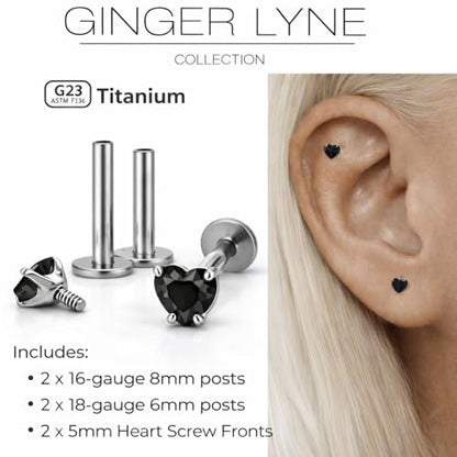 Titanium Heart CZ Labret Stud Earrings for Piercings by Ginger Lyne 6Pc Set G23 Screw Front Flat Back Body Jewelry 2 pair post 6mm, 8mm Cartilage, Helix, Tragus, Lip, Conch, Lobe - color: 5mm-Black