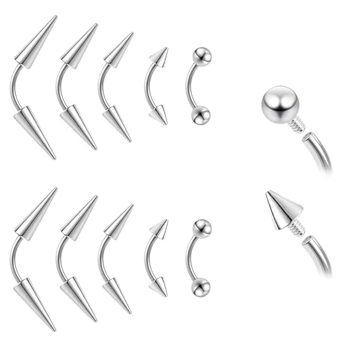 ZS 10Pcs 16G/18G Spike Eyebrow Piercing Jewelry, Internal Thread Curved Barbell Vertical Labret Lip Rings, Spike Tragus Helix Earrings Rook Nose Bridge Rings - color: B:curved barbell, size: 16g,L:8mm