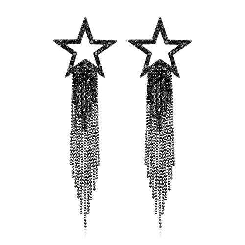 EVER FAITH Crystal Long Waterfall Star Tassel Clip-on Earrings for Women | Rhinestone Beaded Fringe Chandelier Dangle Statement Earring, Wedding Party Jewelry - color: Black Black-Tone