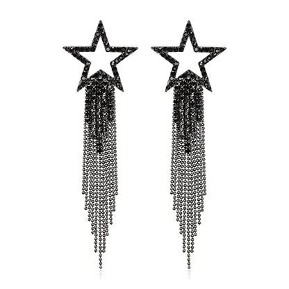 EVER FAITH Crystal Long Waterfall Star Tassel Clip-on Earrings for Women | Rhinestone Beaded Fringe Chandelier Dangle Statement Earring, Wedding Party Jewelry - color: Black Black-Tone