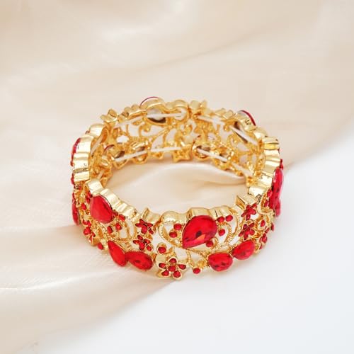 CSY Elegant Crystal Costume Jewelry Sets Flower Bridal Necklace Earrings Stretch Bangle Set for Bride Bridesmaid Wedding Dress Accessories - color: Red crystal-gold tone