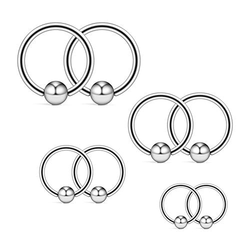 20G 16G 14G 12G Surgical Steel Captive Bead Nose Hoop Septum Earring Eyebrow Tongue Lip Nipple Helix Tragus Piercing Rings 8mm,10mm,12mm,14mm - color: 4PRS - Silver