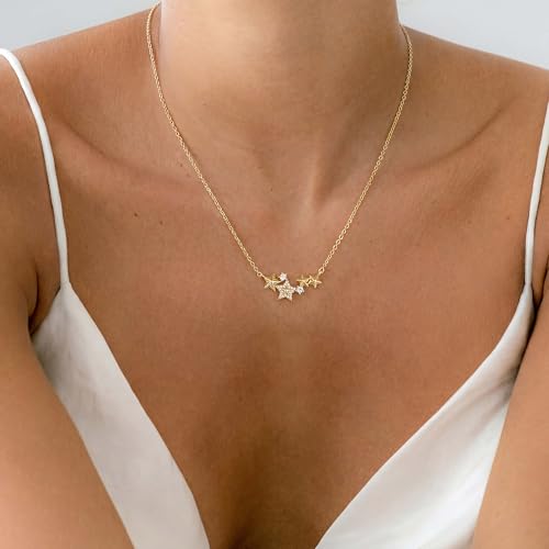 WEARON Gold Necklace for Women Gold Star Necklace 14K Gold Plated CZ Necklace Dainty Choker Charm Necklaces Hypoallergenic Trendy Jewelry for Women Gift - color: Stars