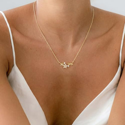 WEARON Gold Necklace for Women Gold Star Necklace 14K Gold Plated CZ Necklace Dainty Choker Charm Necklaces Hypoallergenic Trendy Jewelry for Women Gift - color: Stars