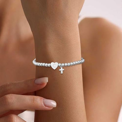 Initial Cross Gold Bracelets for Women Christian Beads Jewelry for Girls | 14K Gold Plated Letter Bracelet, Stretch Elastic Baptism Religion Christian Gifts for Women Teen - color: Silver-C